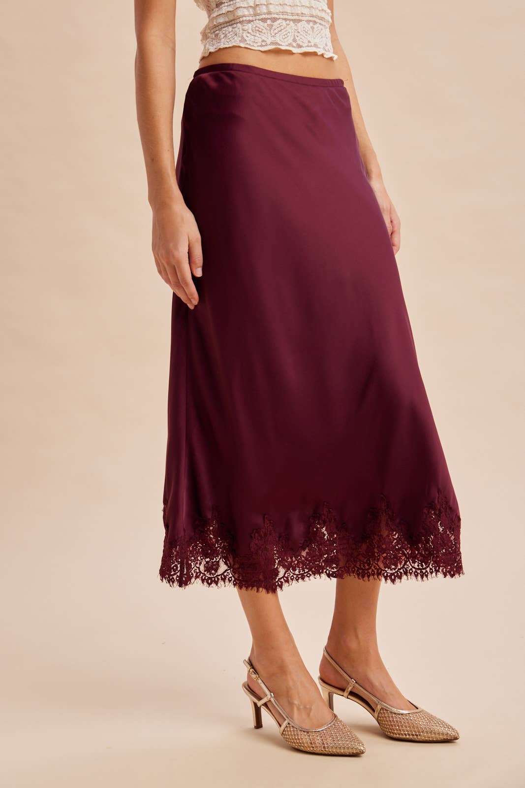 The Bordeaux Lace-Trim Satin Midi Skirt