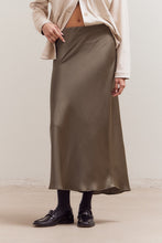 Load image into Gallery viewer, Flared Satin Maxi Skirt | Martini Olive
