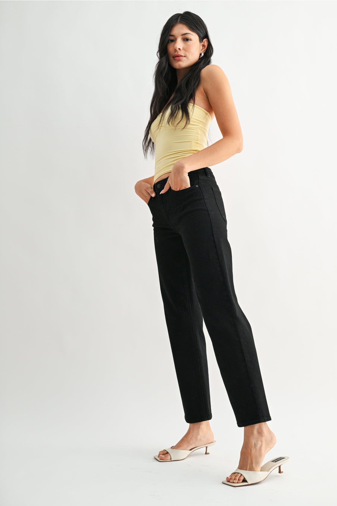 Just Black Denim Mid Rise Stretchy Straight Leg Jean | Black