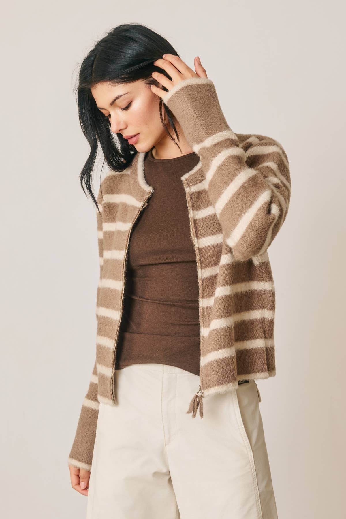 Striped Double Zip Up Cardigan | Brown/Cream