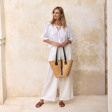 Load image into Gallery viewer, Rattan Beach Basket Tote Bag with Dark Leather Trim
