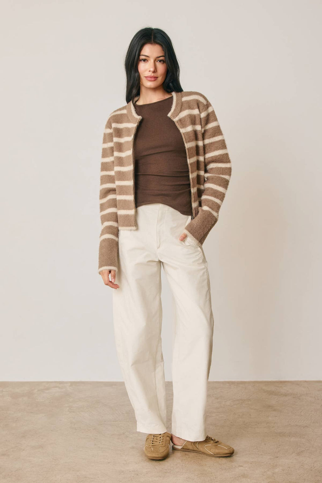 Striped Double Zip Up Cardigan | Brown/Cream