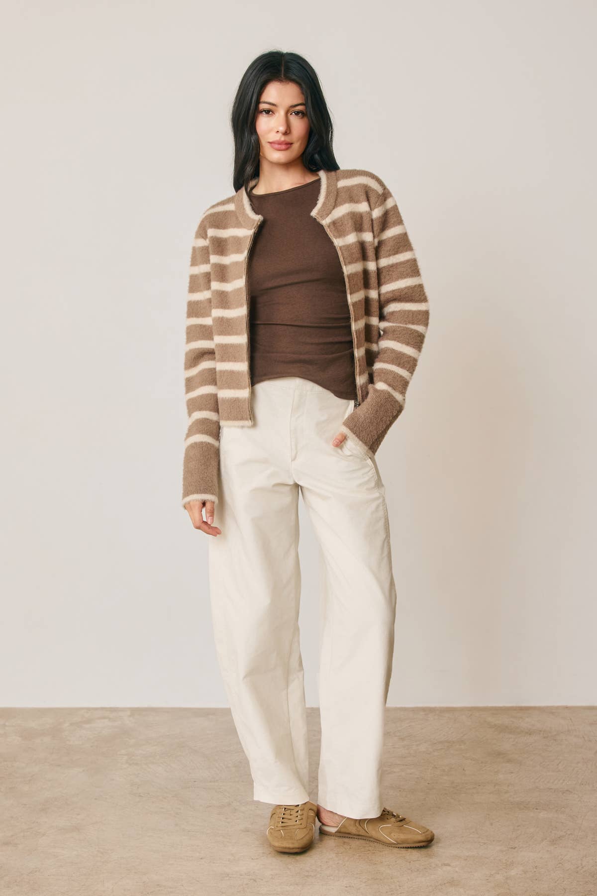 Striped Double Zip Up Cardigan | Brown/Cream