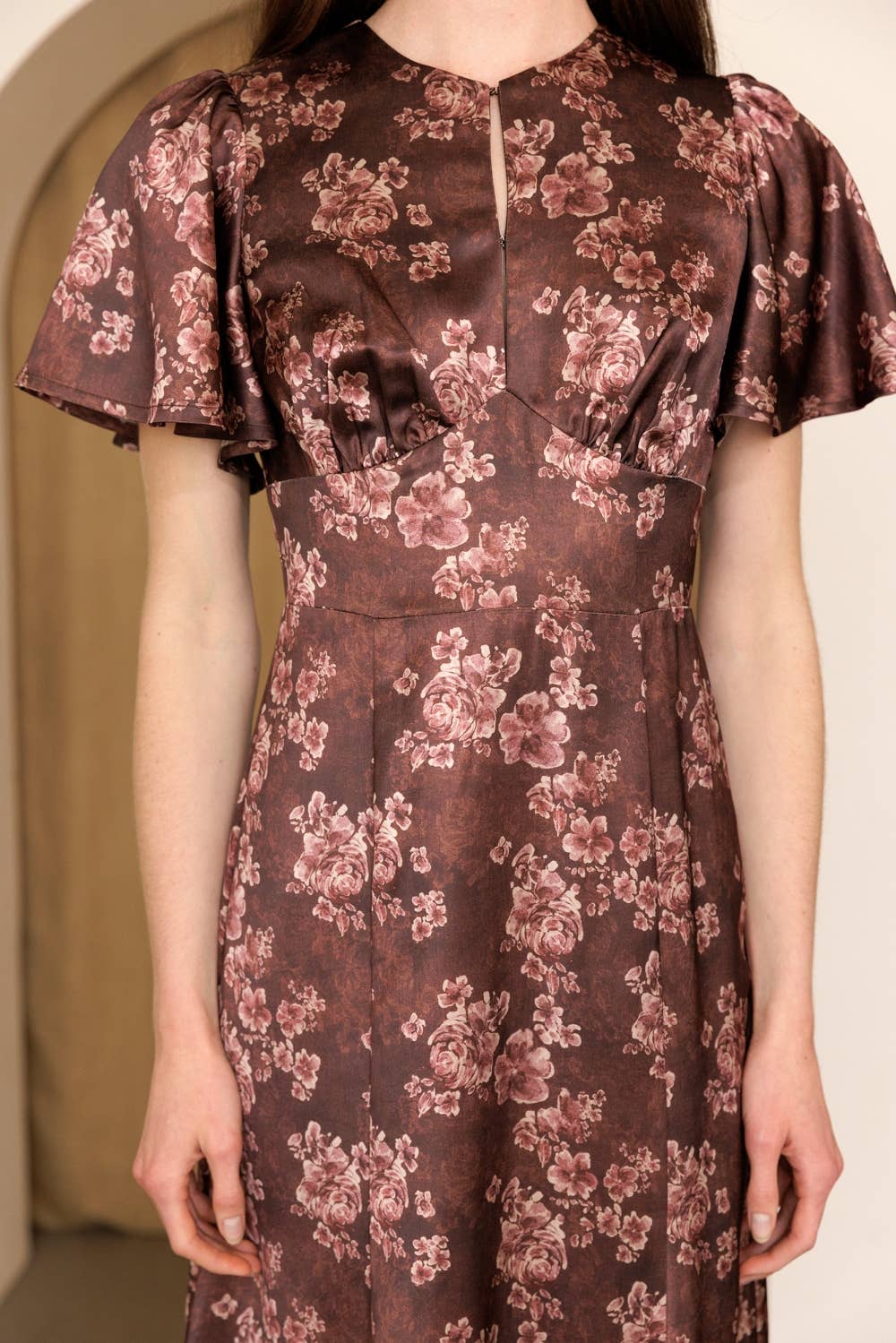 Vintage Rose Flutter Sleeve Midi Dress