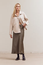 Load image into Gallery viewer, Flared Satin Maxi Skirt | Martini Olive
