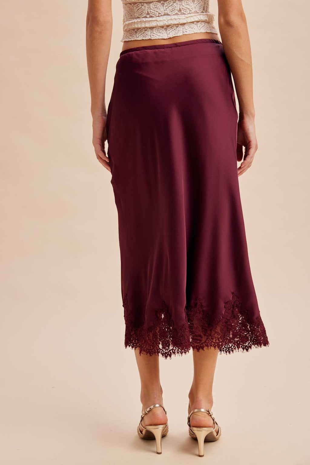 The Bordeaux Lace-Trim Satin Midi Skirt