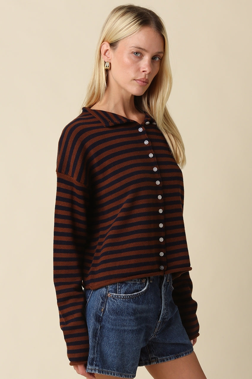 Elina Striped Collar Sweater | Brown/Dk Navy