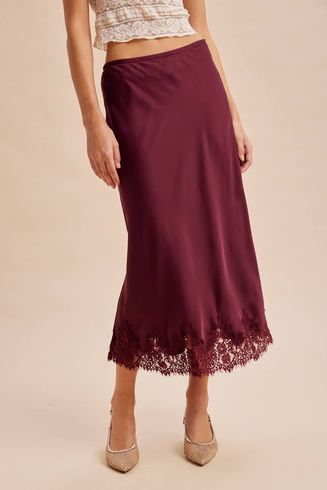 The Bordeaux Lace-Trim Satin Midi Skirt